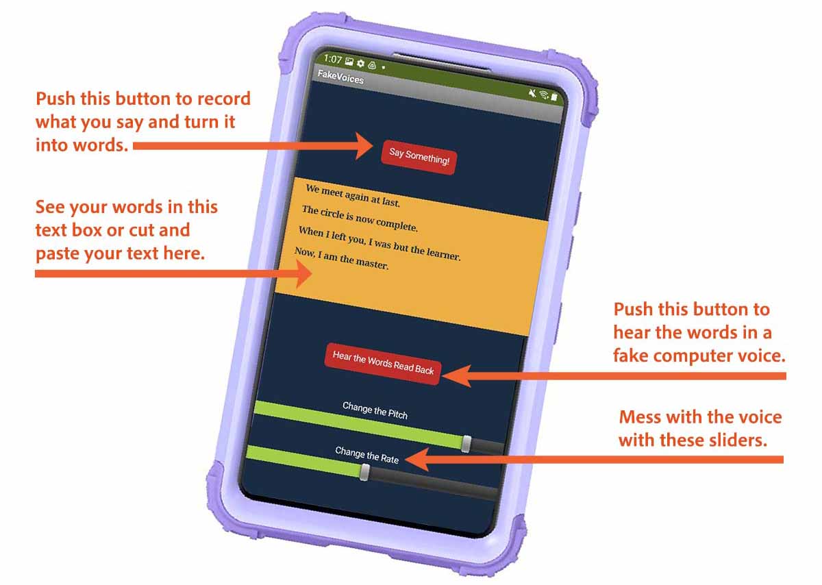 An image of the Fake Voices app with labels showing where the app shows the text and how to make the app speak in a strange pitch.