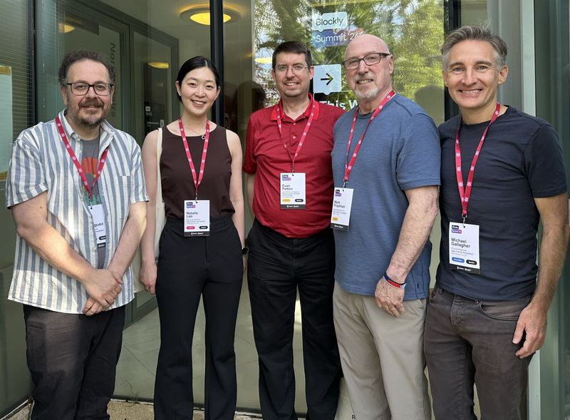 José Dominguez, Natalie Lao, Evan Patton, Mark Friedman and Michael Gallagher, left to right, standing outside the 2026 Blockly Summit.