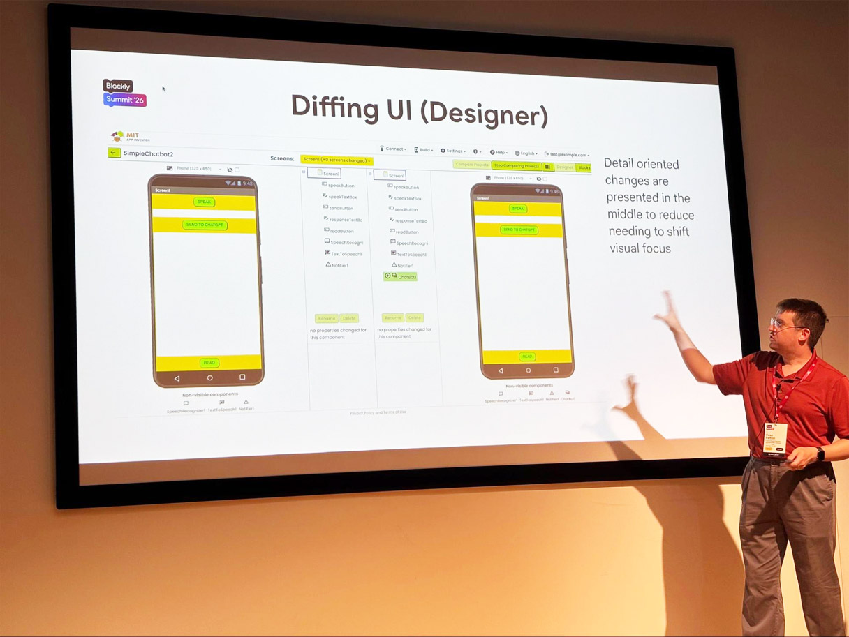 Evan Patton stands beside a large projected slide titled "Diffing UI (Designer)," which shows two App Inventor Designer screens side by side with the differences between them highlighted.