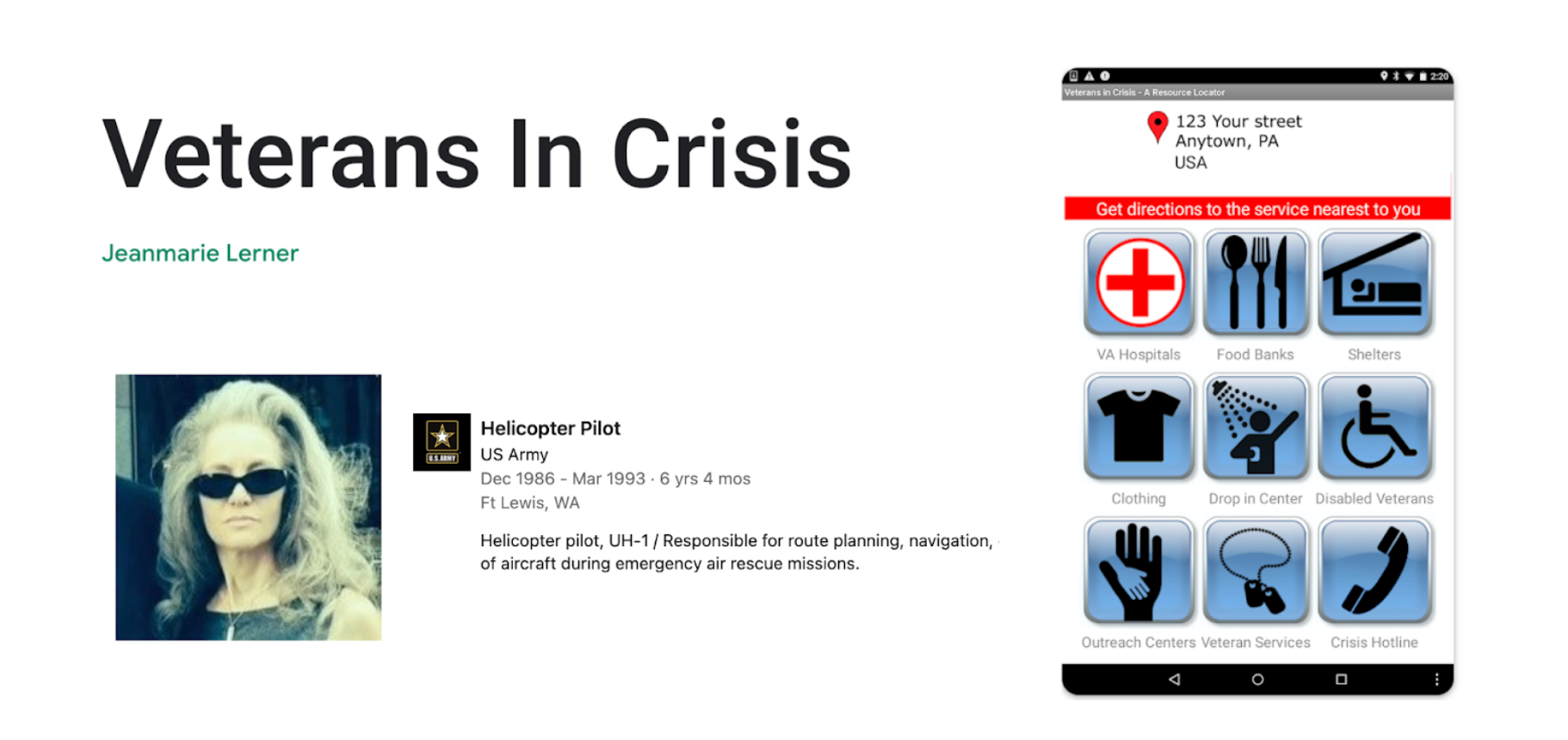 Jeanmarie Lerner's Veteran's in Crisis app