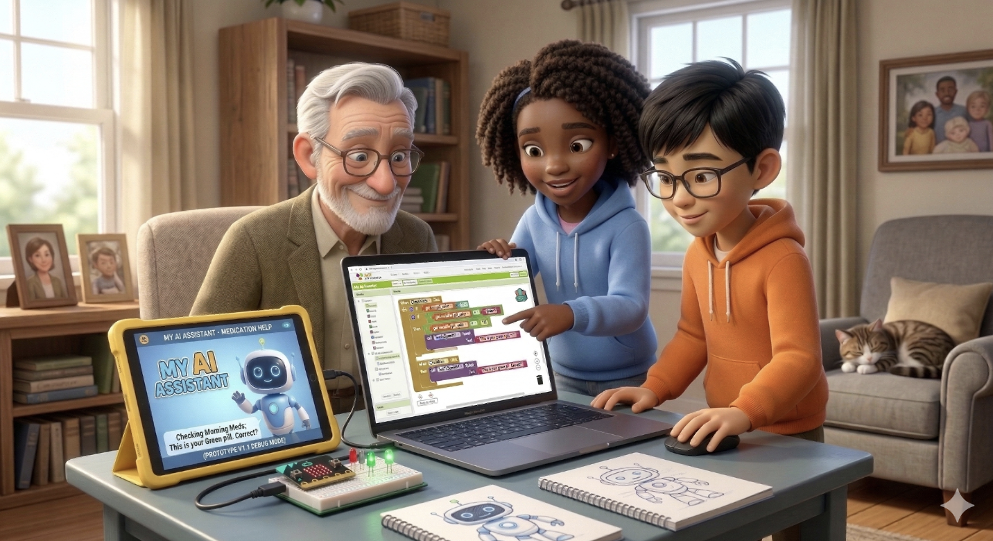 An image of a two students developing an AI app for an elderly